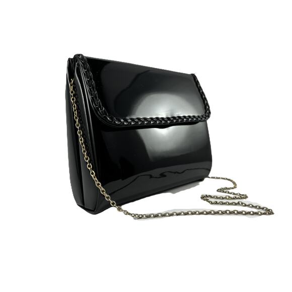 Vintage Midcentury Ande Handbag Black Clutch Purse Patent Leather with Chain - Picture 5 of 16